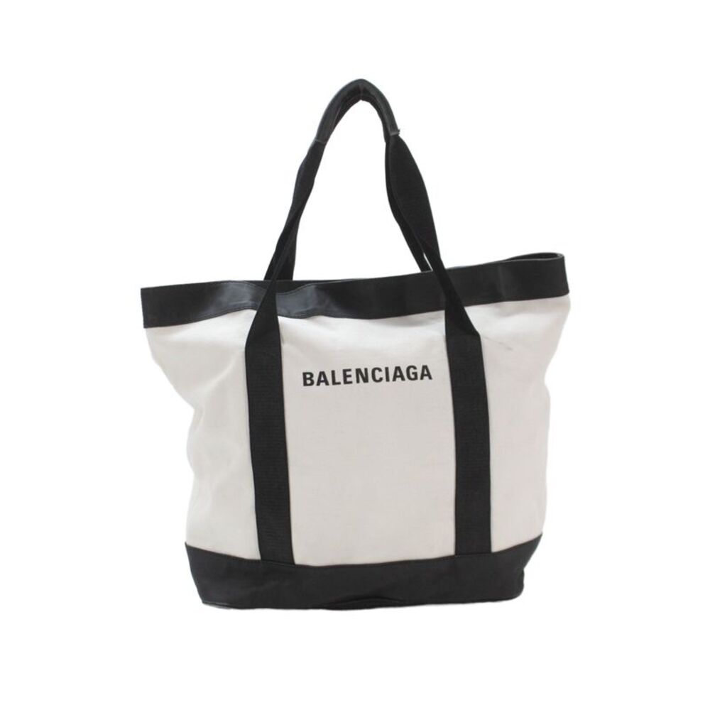 Balenciaga Womens Canvas Button Closure Tote Shoulder Handbag White Black